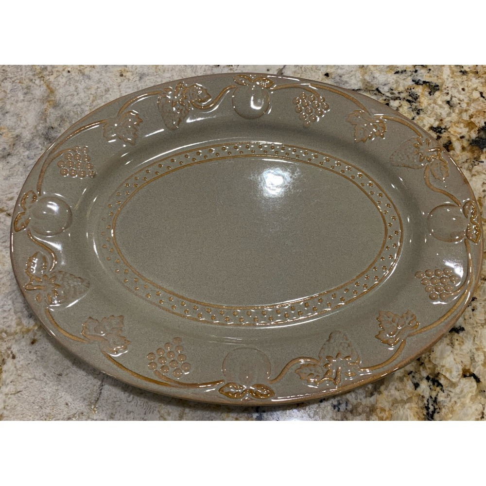 Vintage Stoneware Platter Large Oval‎ Heavy Beige Fruit Embossed 14x11